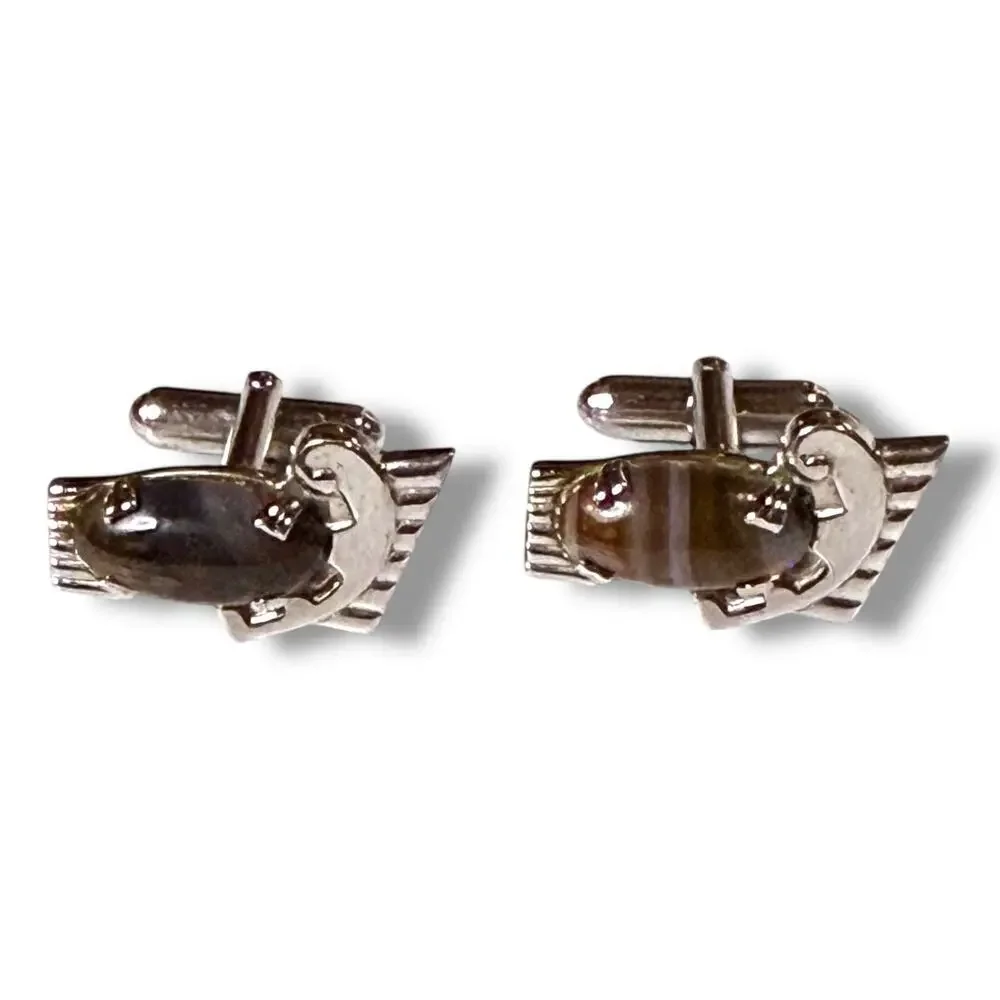 Vintage Anson Cufflinks Mens Silver Tone Brown Glass Art Deco Bullet Back